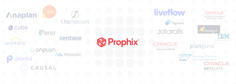 O logotipo da empresa Prophix, exibido em destaque em vermelho no centro, com outros logotipos da empresa desbotados no fundo e menos visveis