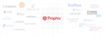 The Prophix company logo, prominently displayed in red at the center, with other company logos faded into the background and less visible