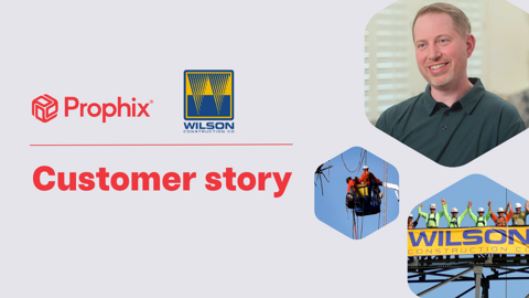 Text reading "Prophix, Customer story" with a blue and yellow logo, and a smiling man in a hexagon cutout on the right. Grey background red text.