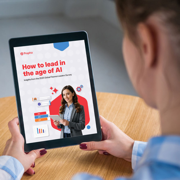 A woman holding an iPad with text that reads "How to lead in the age of AI"