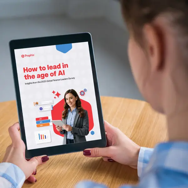 A woman holding an iPad with text that reads "How to lead in the age of AI"
