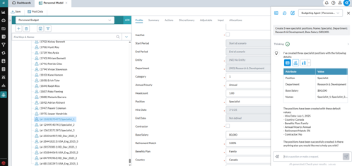 A budgeting and personnel planning software interface showing the "Personnel Budget" tab. On the left, a list of employees and new specialist entries (Specialist_1, Specialist_2, Specialist_3) is displayed. On the right, a "Profile" form is open with fields for Inactive, Start Period, End Period, Entity, Department, Category, Headcount, Position, Hire Date, Base Salary, Retirement Match, Benefits Plan, and Country. The position is set as Specialist, Department Research & Development, Base Salary $80,000, Hire Date July 1, 2025, Country Canada, Benefits Plan Family, and Retirement Match 3%. A side panel confirms that three specialist positions were created with these details.