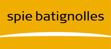 Spie batignolles logo, yellow background, black text, white line underneath text