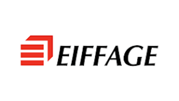 Eiffage logo, White background, black italic capitalized text, red logo to the left of text ("stack" graphic)