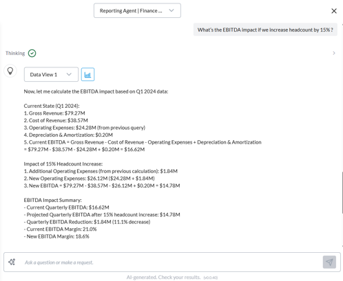 Screenshot of agentic AI chat, highlighting what the EBITDA impact would be if headcount is increased by 15%