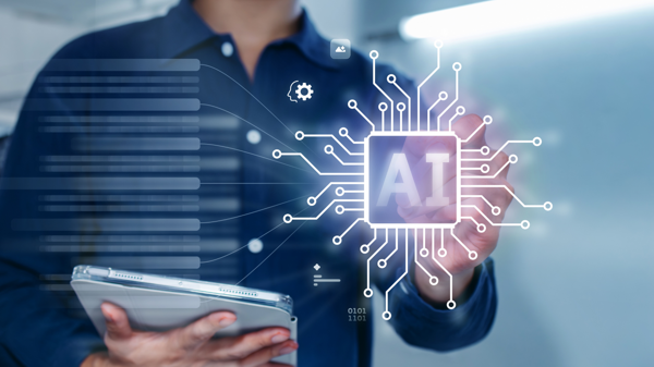 Man touching a floating chip that says "AI" on it