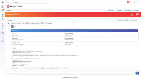 Prophix Copilot MS Teams Reporting Agent