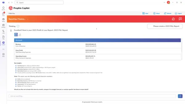 Prophix Copilot MS Teams Reporting Agent