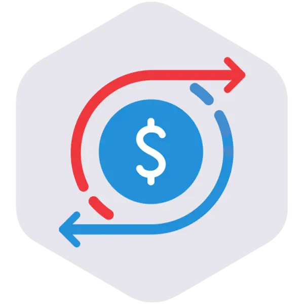 Un cercle bleu avec un signe de dollar blanc  l?intrieur, entour de flches bleues et rouges tournant dans des directions opposes