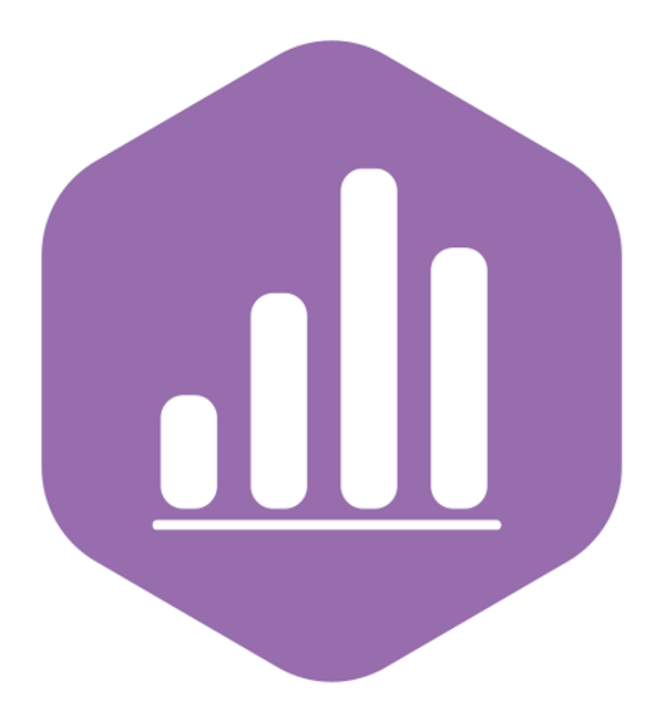 Icon of a white graph enclosed in a purple hexagon shape
