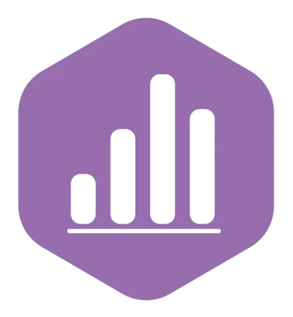 Icon of a white graph enclosed in a purple hexagon shape