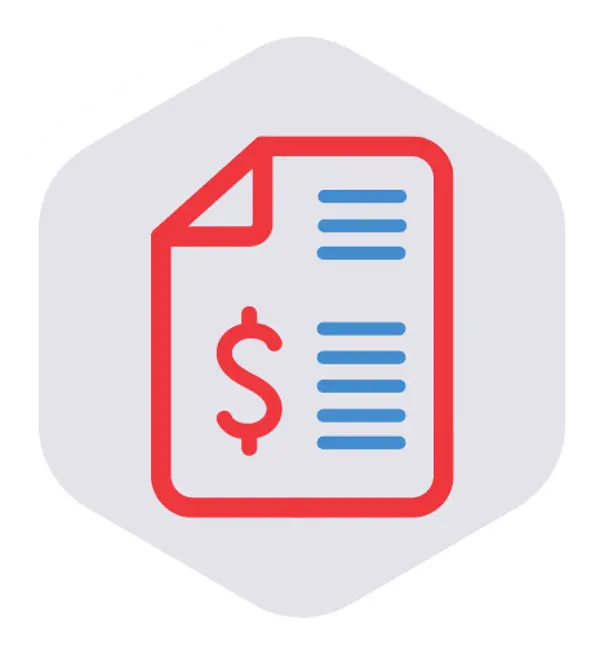 A paper icon featuring a dollar sign and blue lines to symbolize text