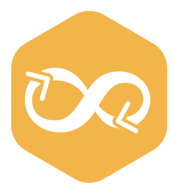 A white infinity symbol enclosed within a yellow hexagon icon