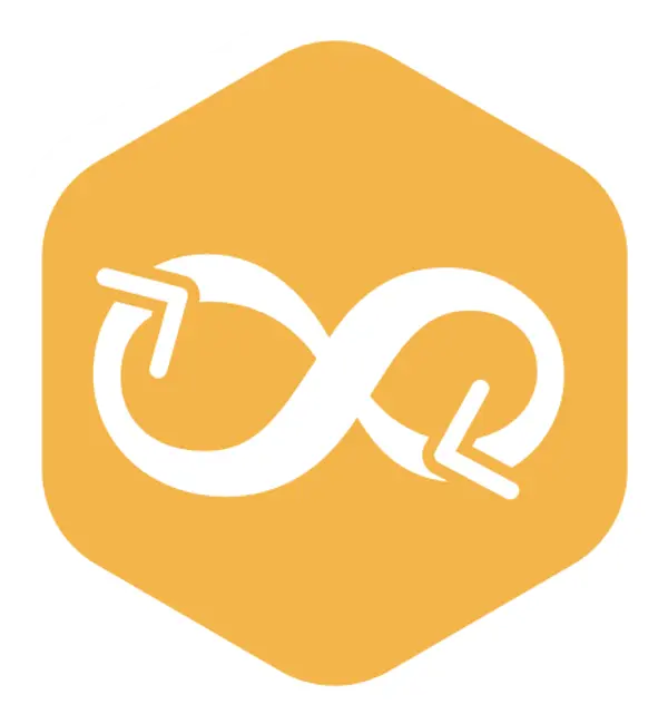 A white infinity symbol enclosed within a yellow hexagon icon