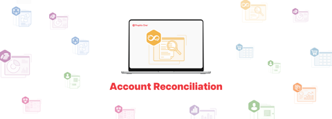 Illustration d?un ordinateur portable affichant des icnes de rapprochement de comptes, avec le texte  Rapprochement de comptes  en dessous et diverses icnes lies aux finances en arrire-plan