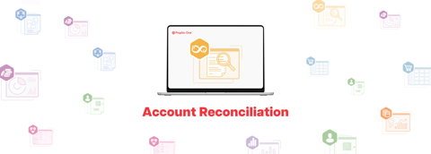 Illustration of a laptop displaying account reconciliation icons, with the text 'Account Reconciliation' below and various finance-related icons in the background