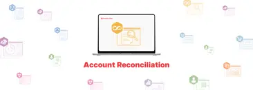 Illustration d?un ordinateur portable affichant des icnes de rapprochement de comptes, avec le texte  Rapprochement de comptes  en dessous et diverses icnes lies aux finances en arrire-plan