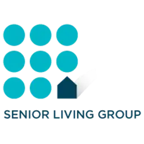 Logotipo da empresa Senior Living Group ? Oito crculos em turquesa claro e uma forma de casa em turquesa escuro