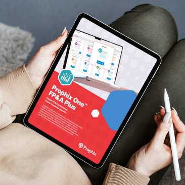 Image 64: Woman holding a tablet computer and pencil, with Prophix One FP&A Plus on the screen