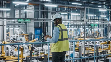 A man in a hard hat and vest stands in an industrial area, overseeing construction activities.