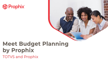 ?Meet Budget Planning by Prophix? text alongside three people smiling at an iPad screen ? Cover Image