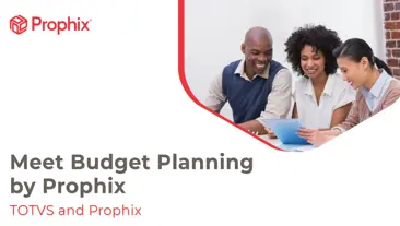 Texto "Conhea o Budget Planning by Prophix" ao lado de trs pessoas sorrindo para a tela de um iPad ? Imagem da capa