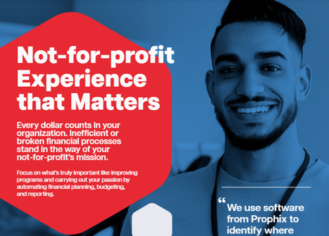 "Not-for-profit experience that matters" text written on the left, with a man smiling on the right, showing his teeth