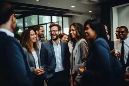 business professionals smiling and laughing in a group