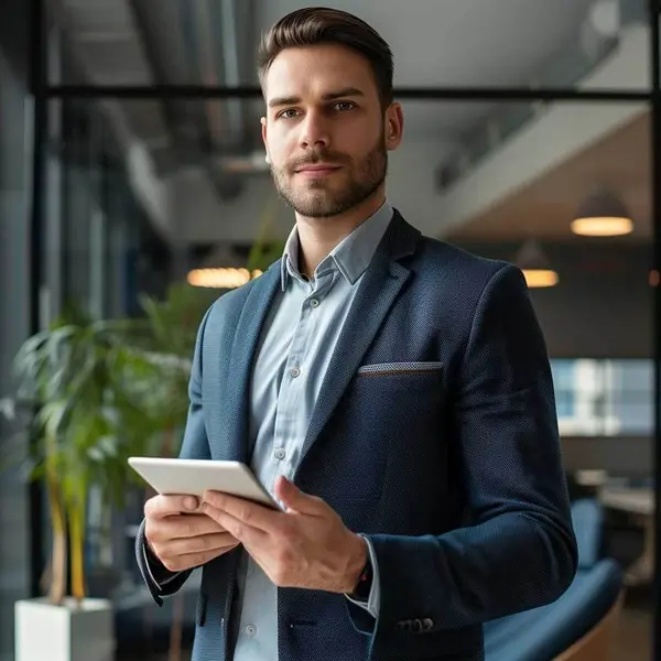 Un uomo in giacca e cravatta tiene in mano un iPad, la sua espressione seria e concentrata