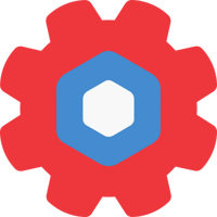 A large red gear containing a blue hexagon, which holds a smaller white hexagon inside