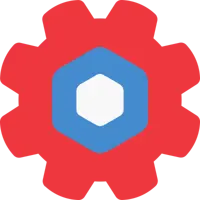 A large red gear containing a blue hexagon, which holds a smaller white hexagon inside