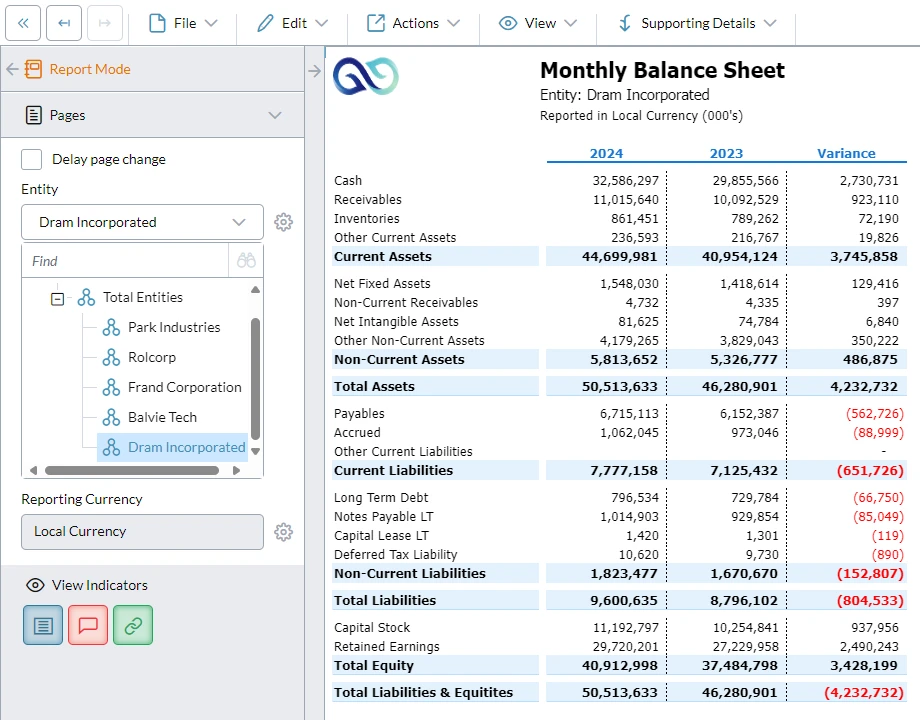Monthly Balance Sheet screenshot