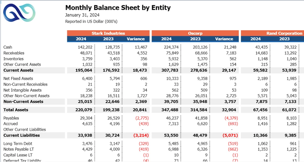 Monthly Balance Sheet by Entity screenshot