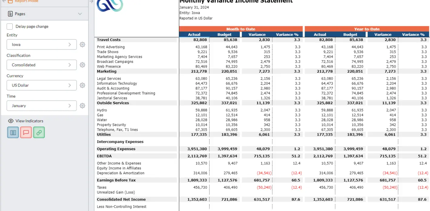 Monthly Variance Income Statement screenshot 02