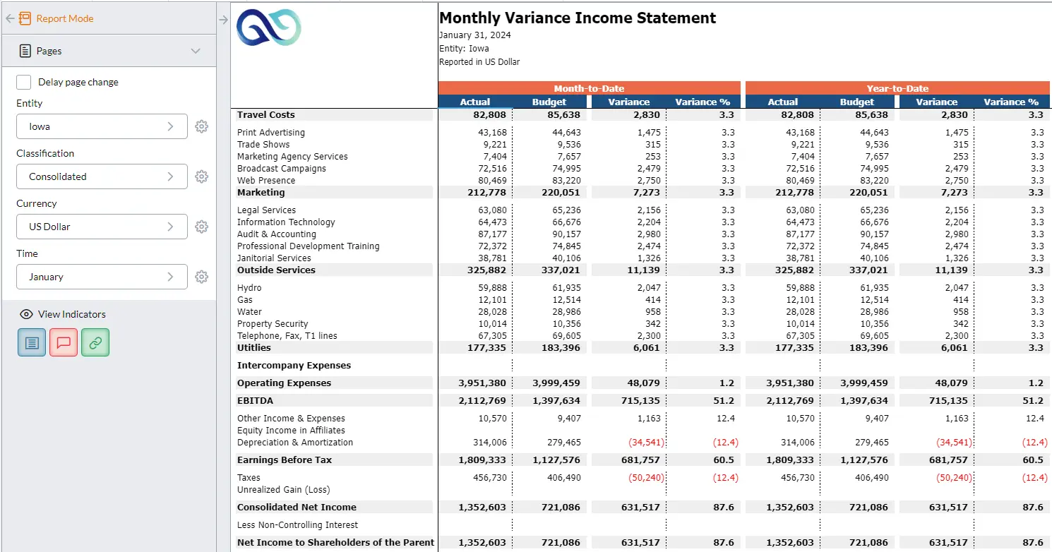 Monthly Variance Income Statement screenshot 02