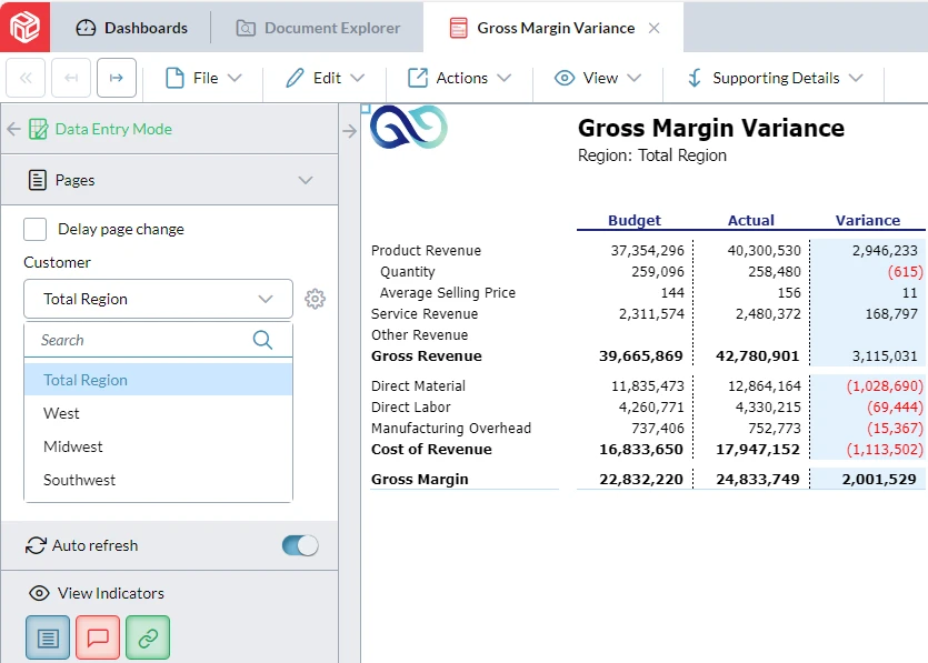 Demand Variance Report Screenshot 3 - Gross Margin Variance