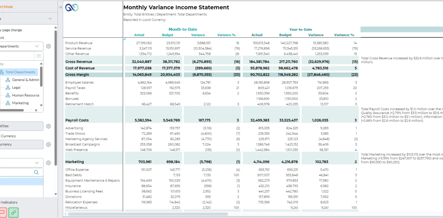 Monthly Variance Income Statement Screenshot