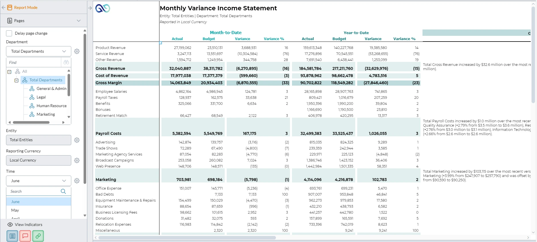 Monthly Variance Income Statement Screenshot