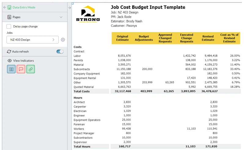 Project Planning Job Cost Budgeting Input Screenshot