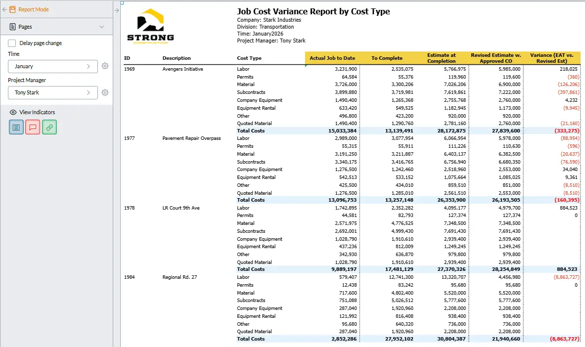 Job Cost Report 4 Job Cost Variance Report By Cost Type Screenshot