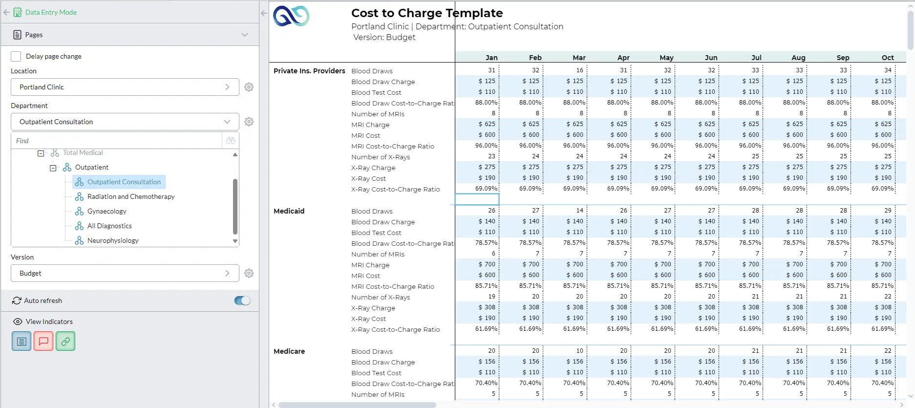 Portland Clinic Cost to Charge Template Screenshot