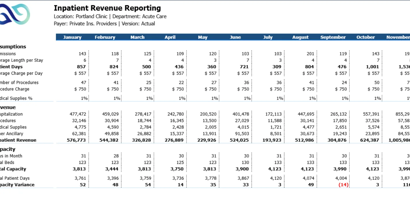 Portland clinic inpatient revenue reporting screenshot