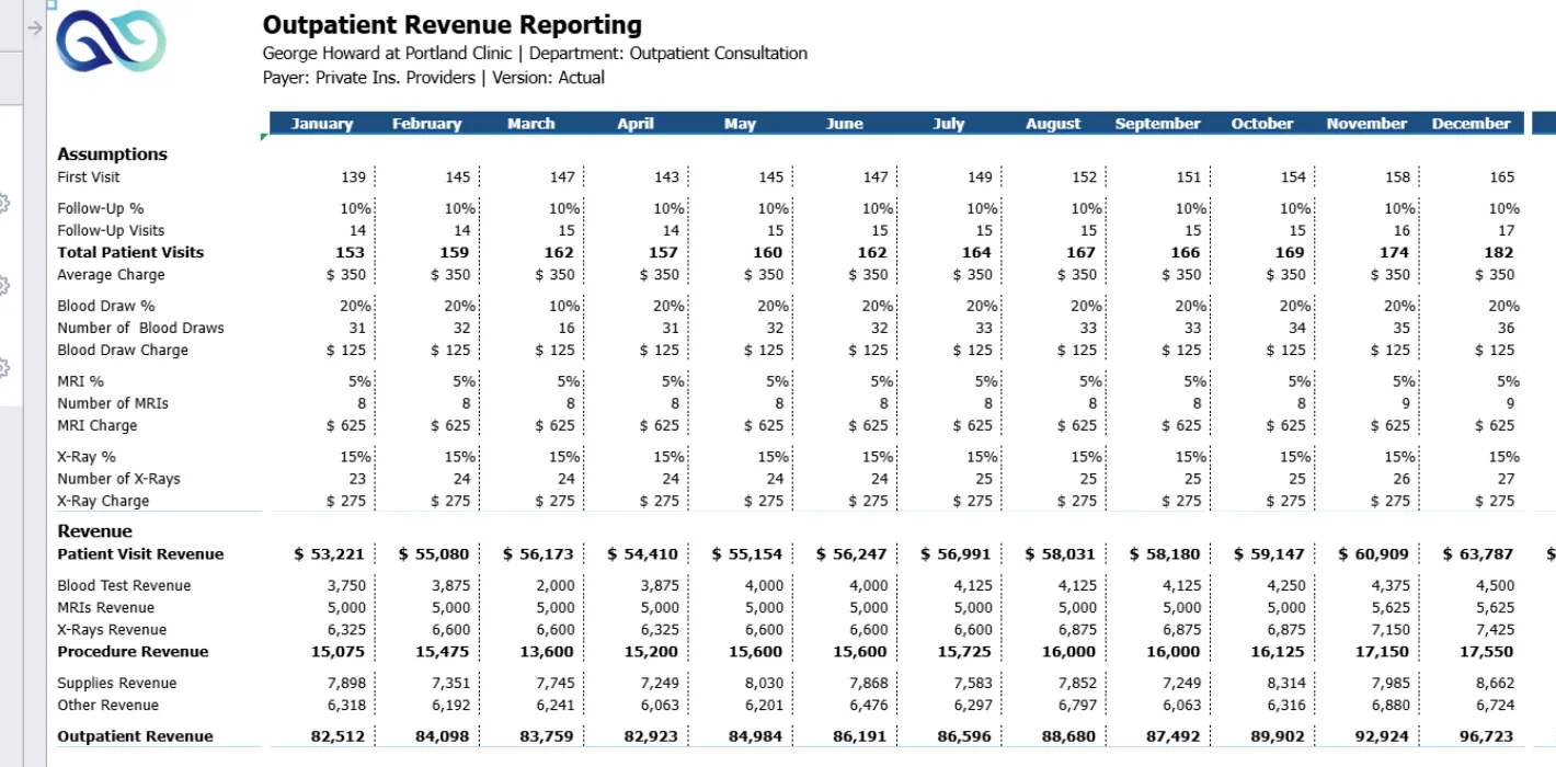 Portland clinic outpatient revenue reporting screenshot
