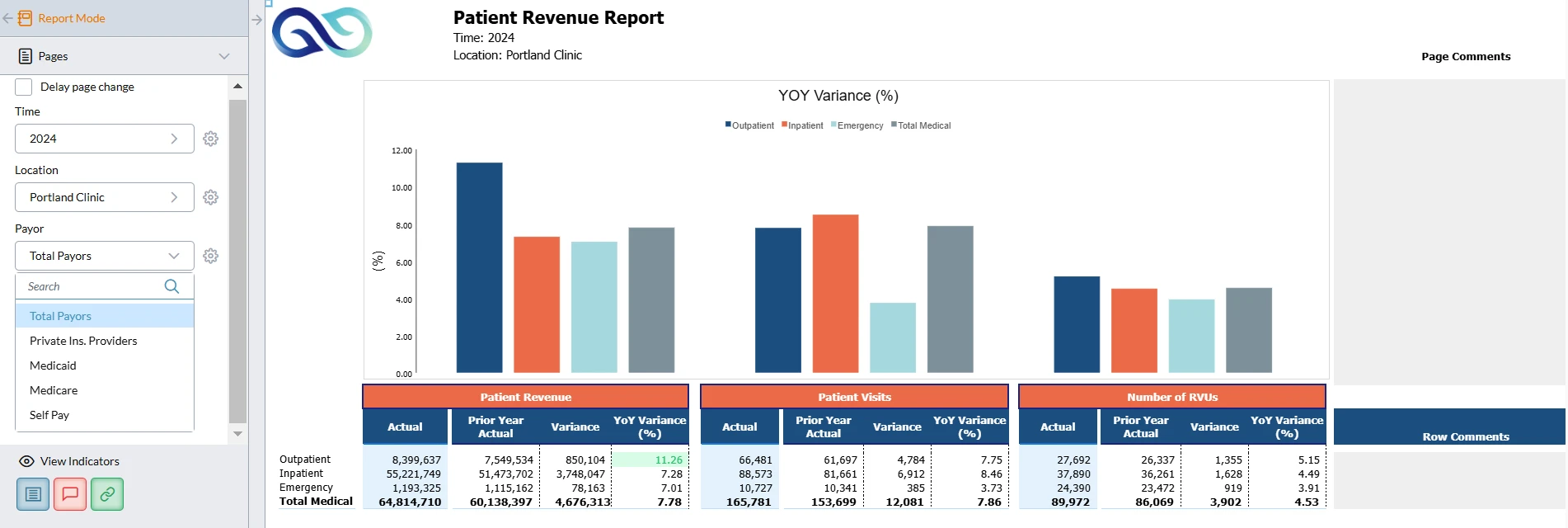 Portland clinic patient revenue report screenshot