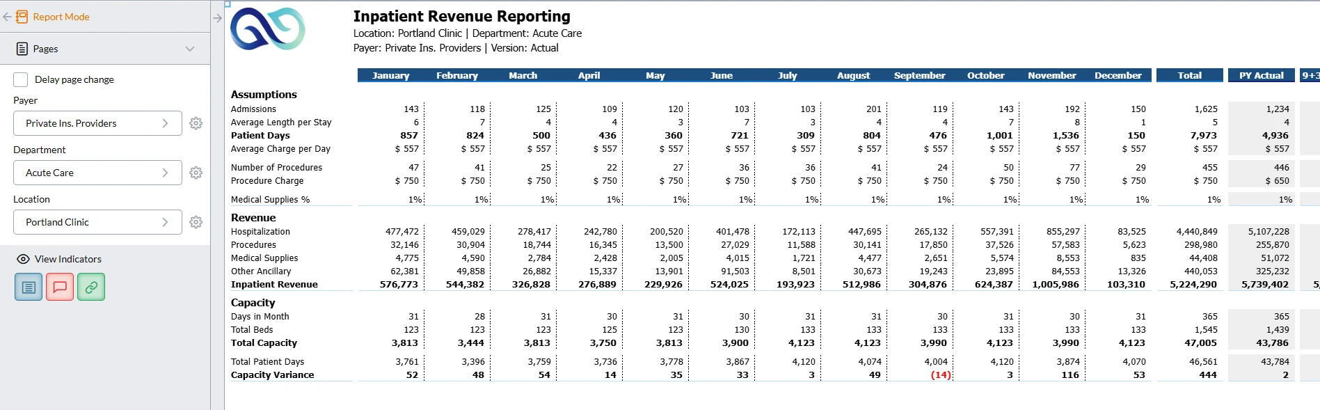 Portland clinic inpatient revenue reporting screenshot