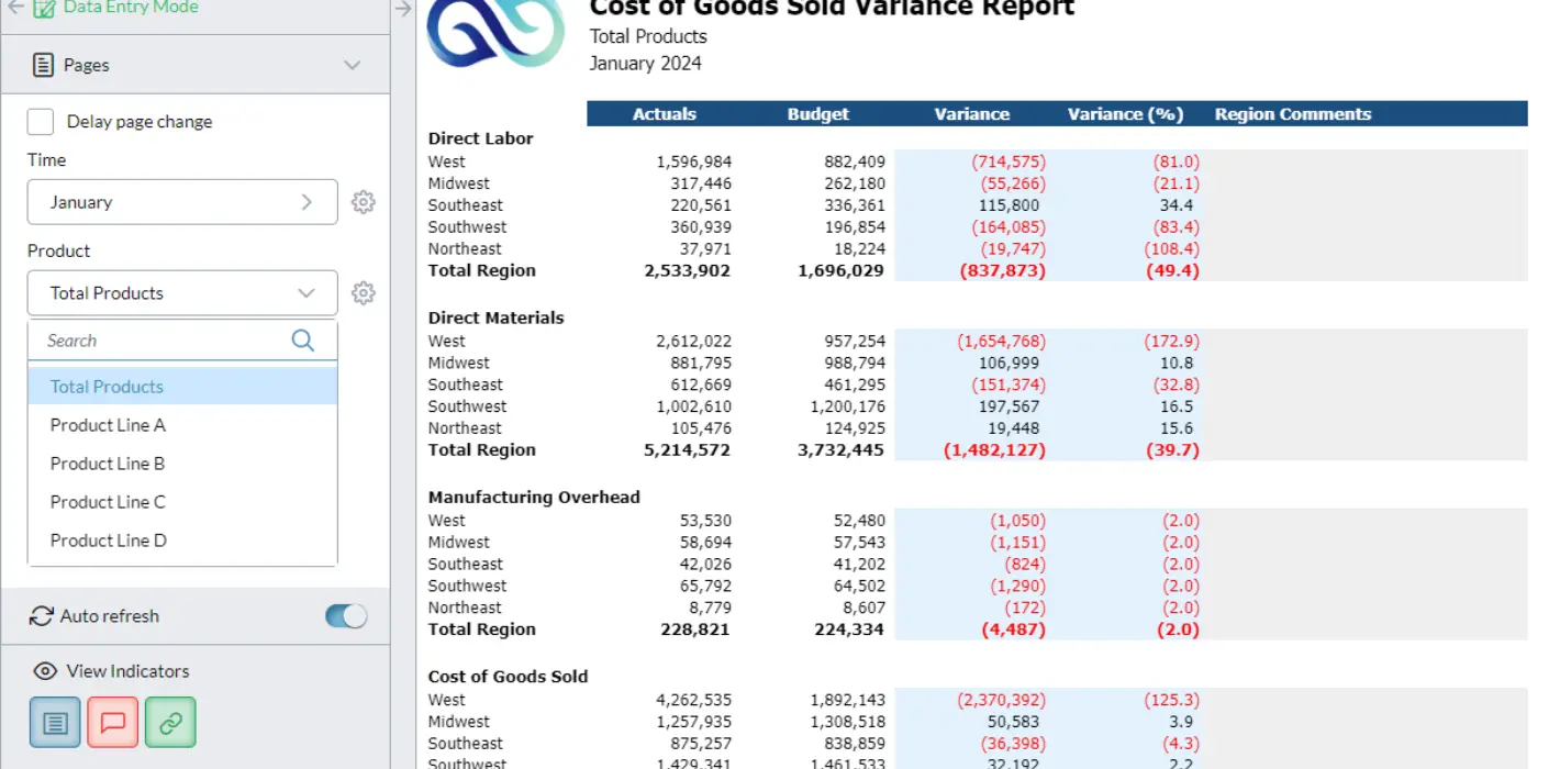 Cost of goods sold variance report screenshot