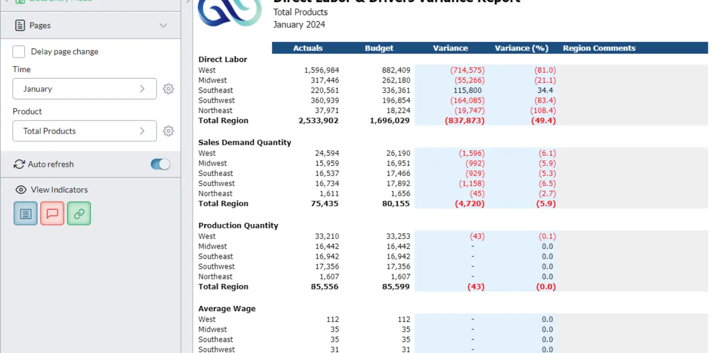 Direct labor and drivers variance report screenshot