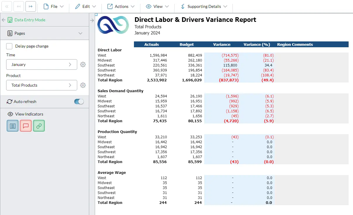Direct labor and drivers variance report screenshot