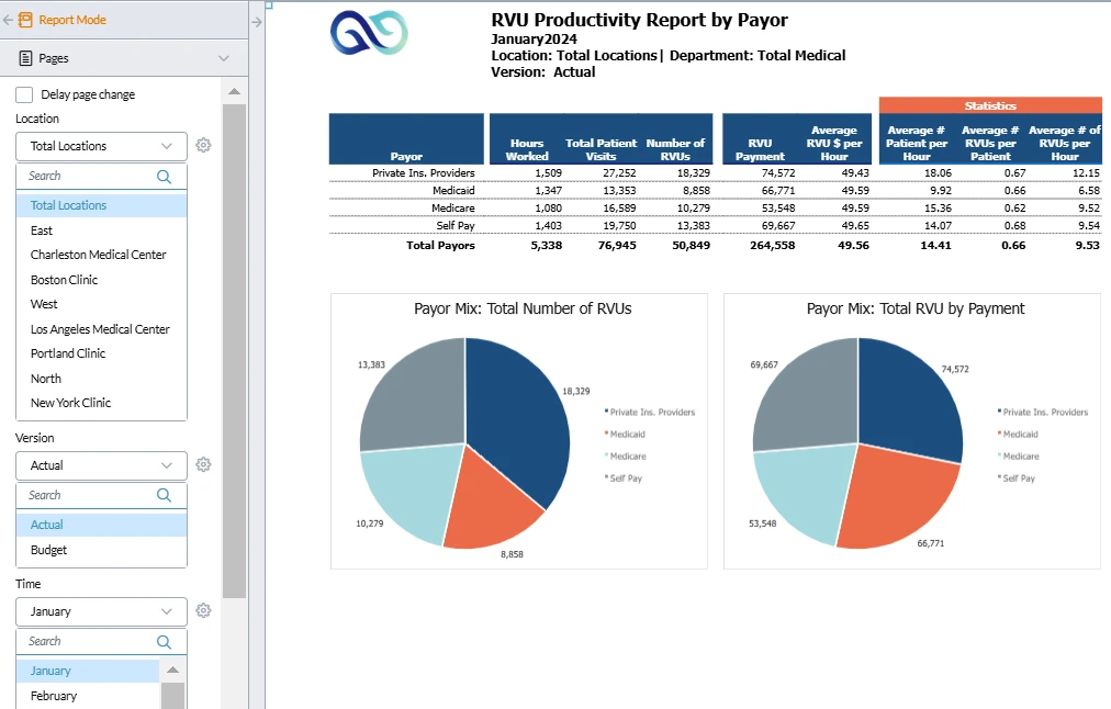 RVU Productivity Report by payor screenshot