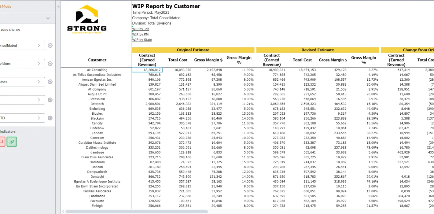 WIP Report by Customer Total Consolidated screenshot
